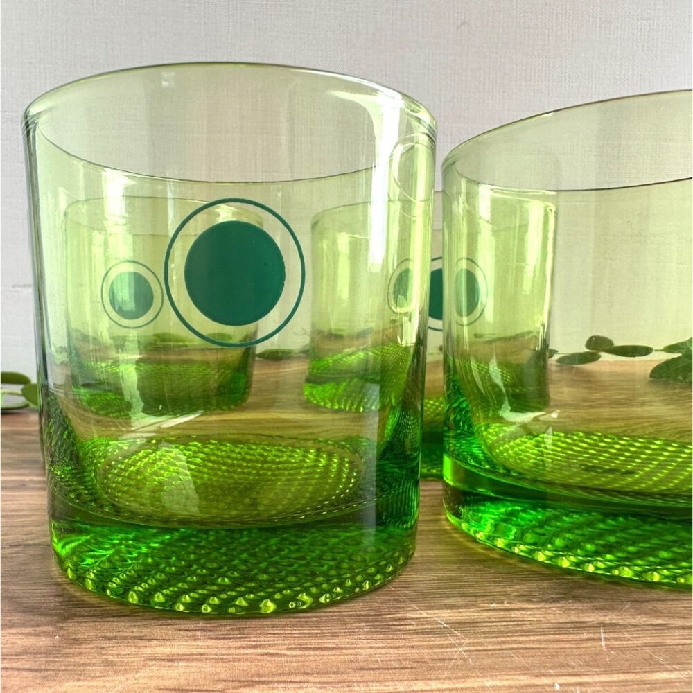 Mid-Century Green Bullseye Glasses, Set of 4, Space Age Cocktail Tumblers